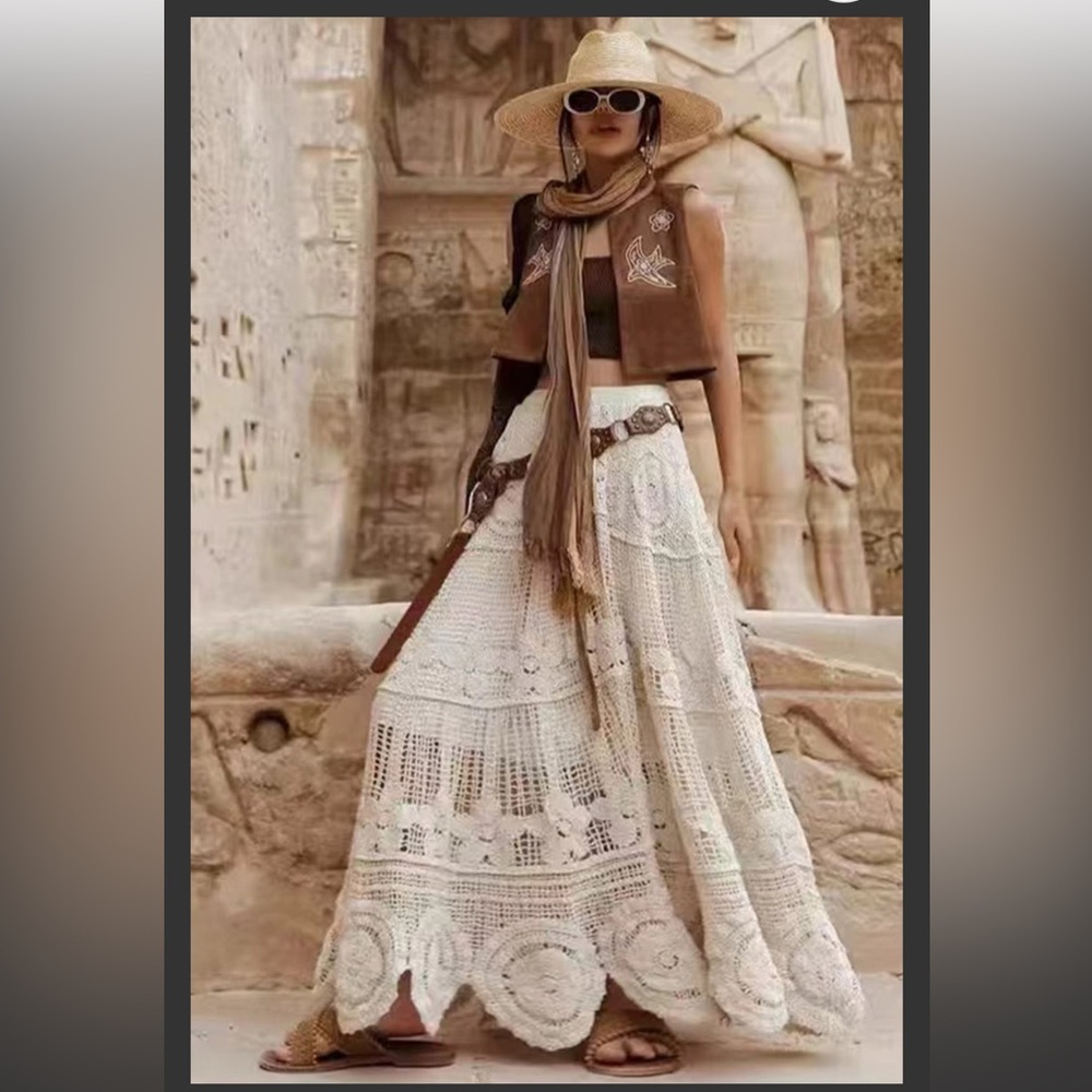 NWT Boho Cream Crochet Maxi Skirt One Size Beige